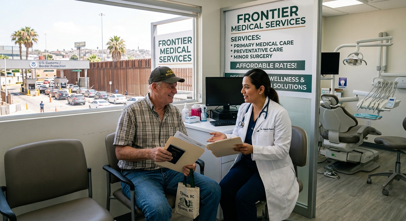 U.S. patient being seen by a certified doctor at a modern cross-border clinic next to the U.S. border crossing